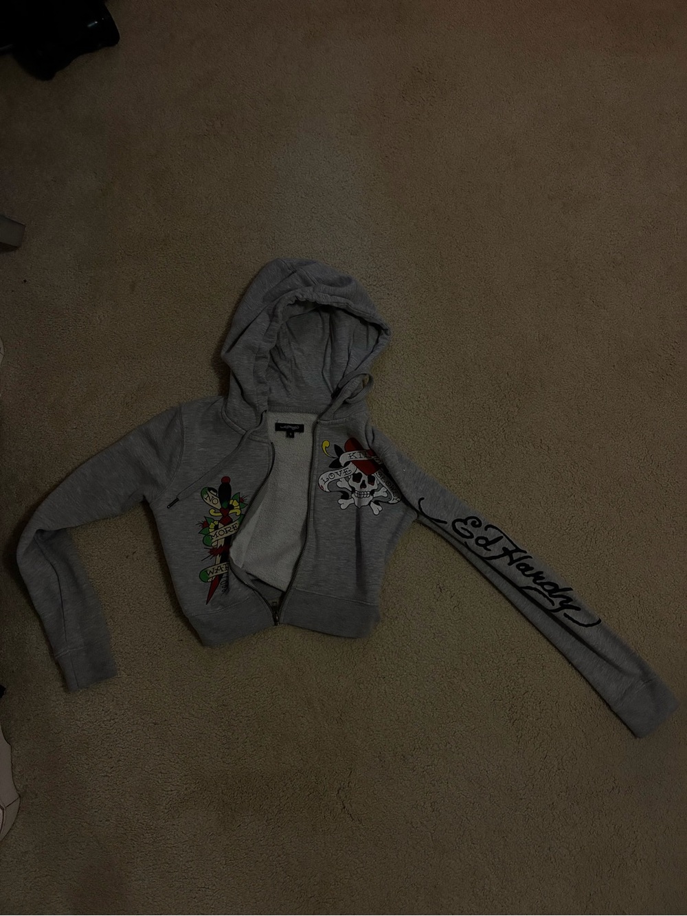 Ed Hardy Gray Hooded Zip Sweatshirt with Tattoo Graphics